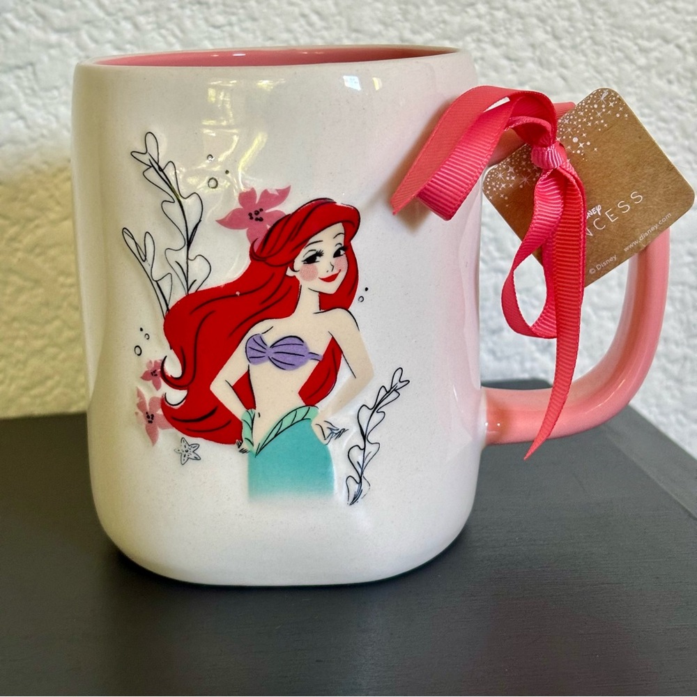 RAE DUNN Disney Princess LITTLE MERMAID Ariel Double Sided White & Pink Cup NEW